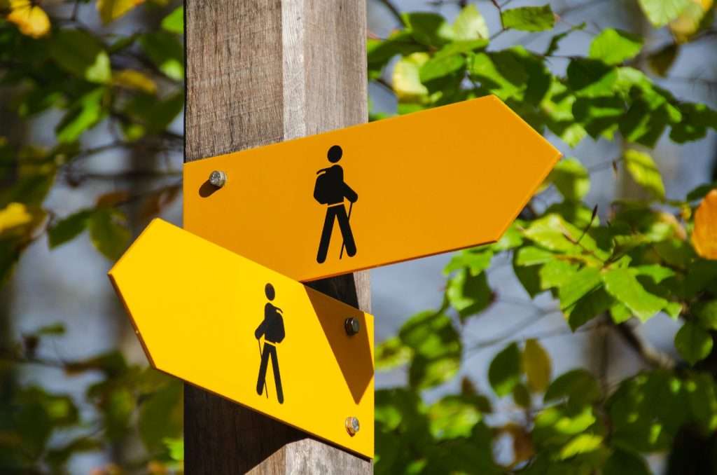 Signpost indicating backpacker routes, one going east and one going west.