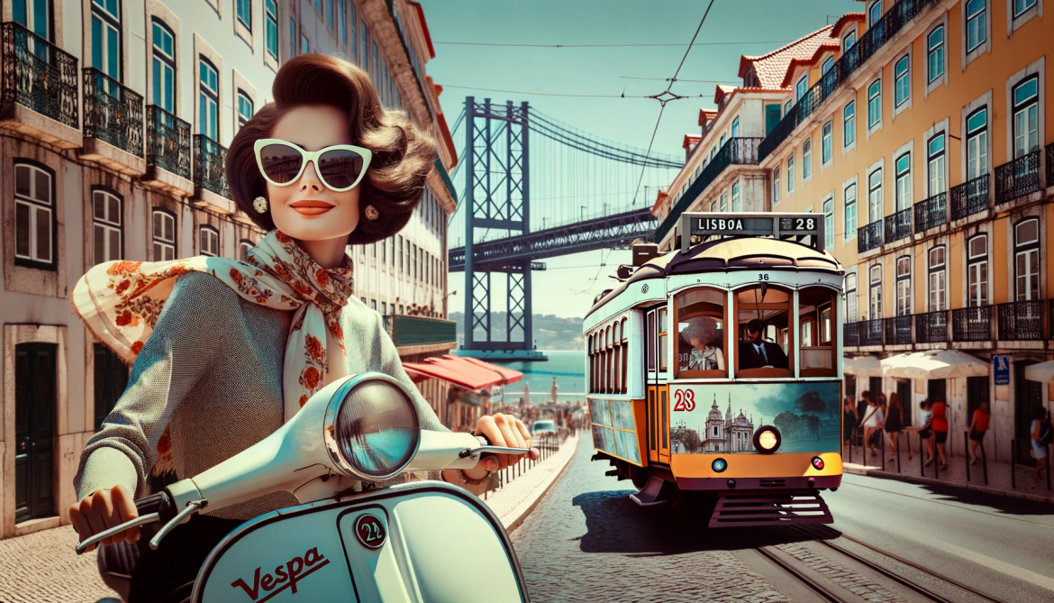 Stylish lady with sunglasses on a Vespa scooter in front of a traditional Lisbon tram, with historic buildings and a bridge in the background.